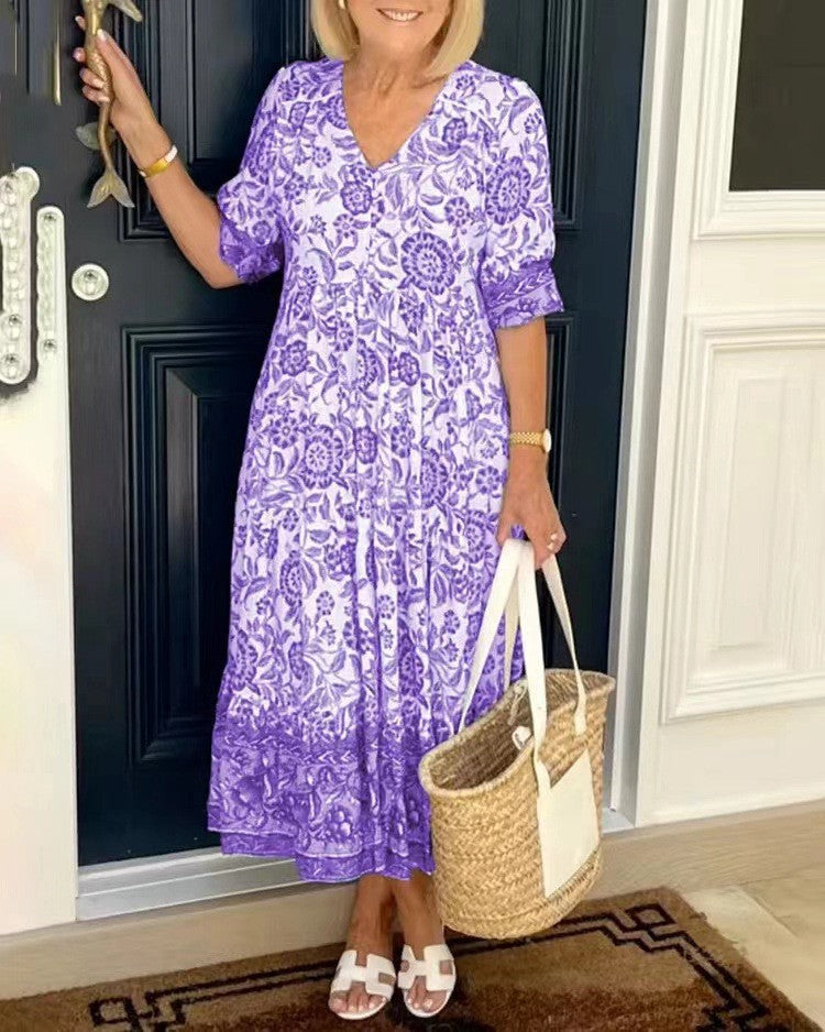 Valenzora | Langes floral bedrucktes Batik-Kleid mit Dreiviertelärmeln