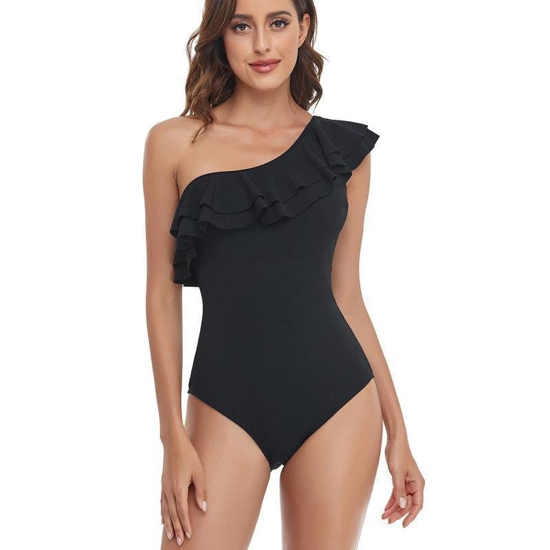 Damen-Badeanzug mit asymmetrischem Schnitt und voluminösem Rüschendetail, Größe [size]