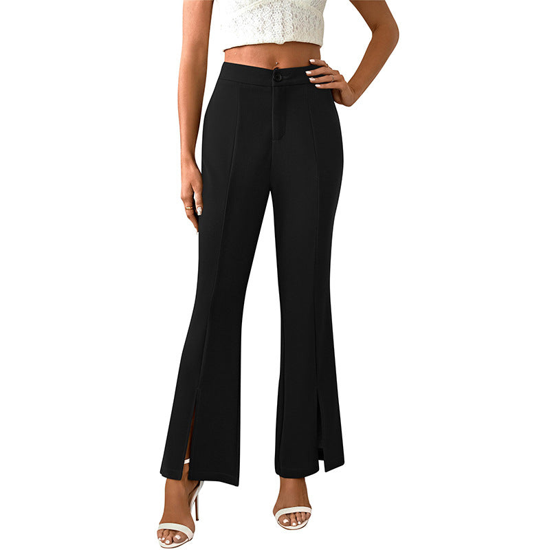 Women's elegant flared trousers with side slits and high waist, size