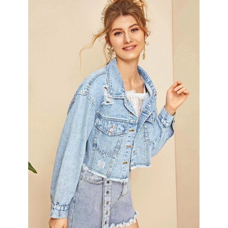 Kurze Jeansjacke für Damen im Vintage-Stil mit lässigen Fransen und robusten Details, Größe Valenzora
