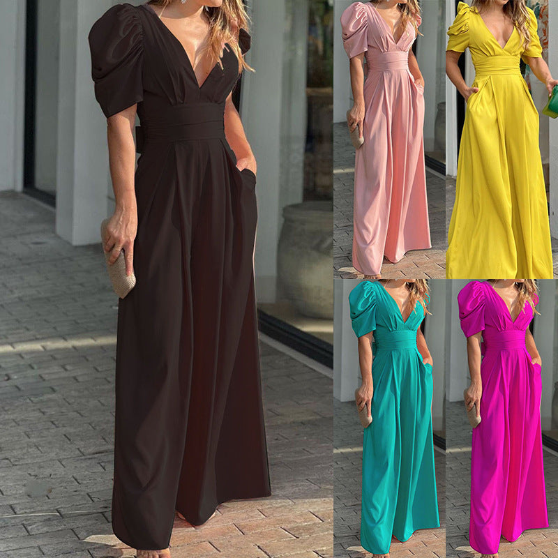 Eleganter Damen-Jumpsuit mit voluminösen Puffärmeln und tiefem V-Ausschnitt, Größe [size]