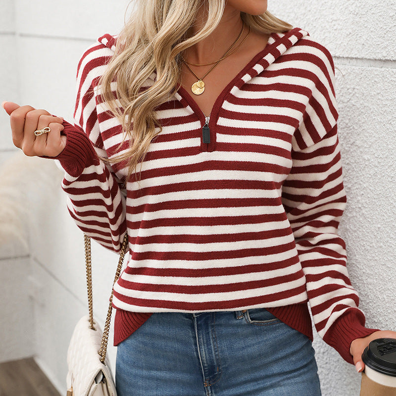 Women's cozy knit sweater with fashionable zipper and striped pattern, size