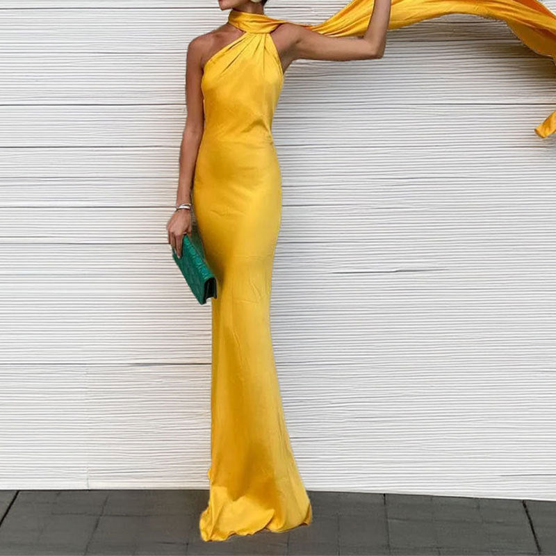 Women's elegant evening dress with asymmetrical design and soft cape, size S
