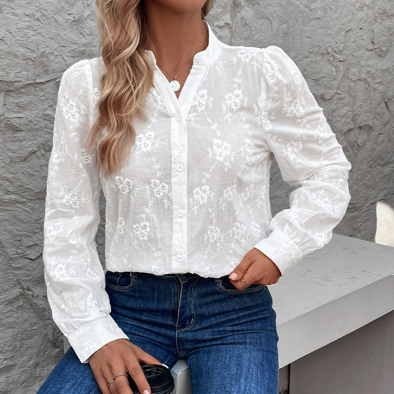 Women's blouse with elegant floral openwork pattern, size