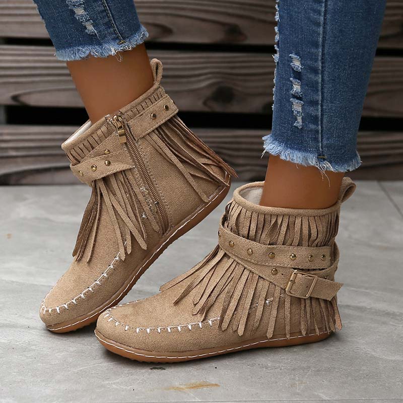 Valenzora | Boho ankle boots with fringes and buckles for women