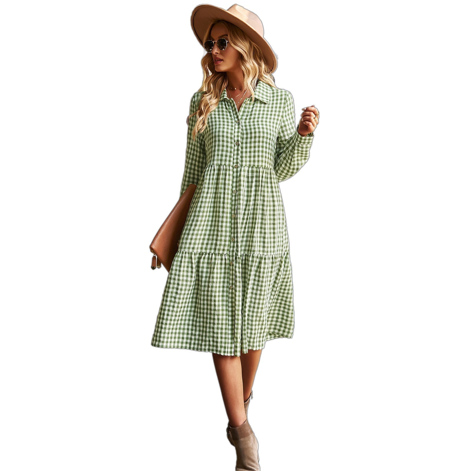 Women's checked midi blouse with button placket and flared skirt, size Valenzora