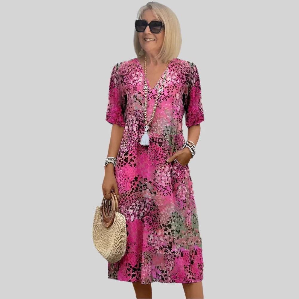 Women's loose summer dress with V-neck and pockets