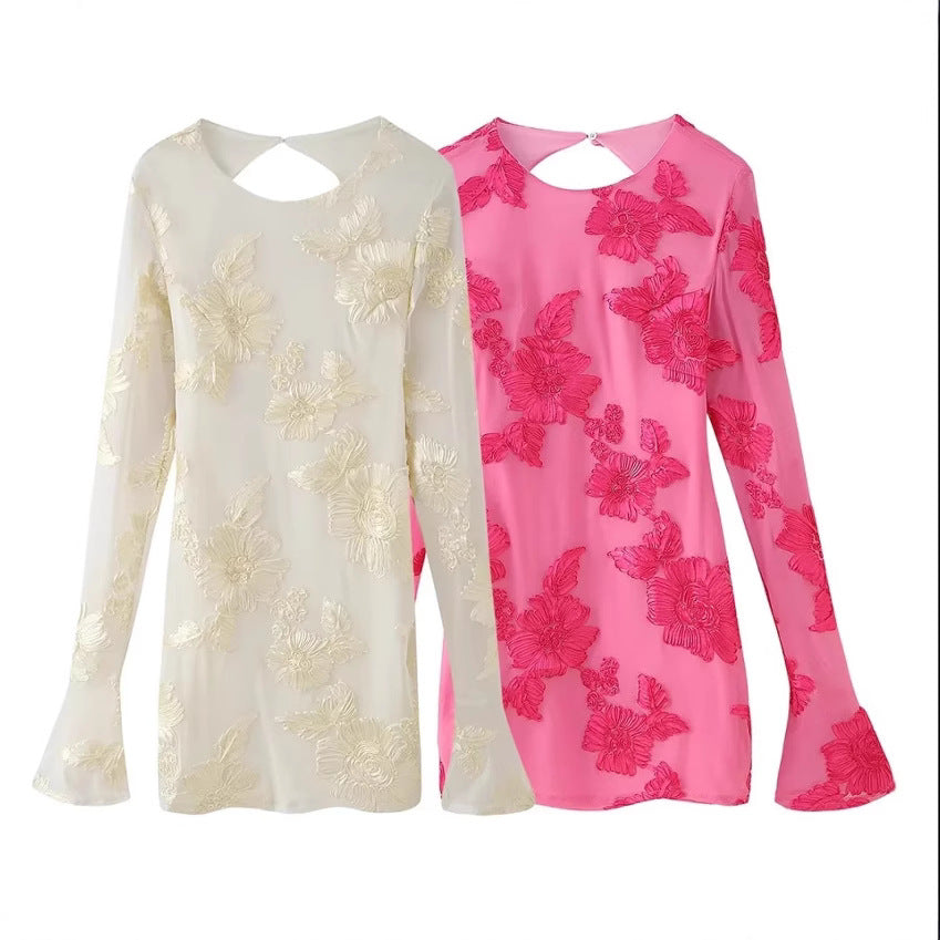 Women's elegant floral chiffon top with long sleeves, size