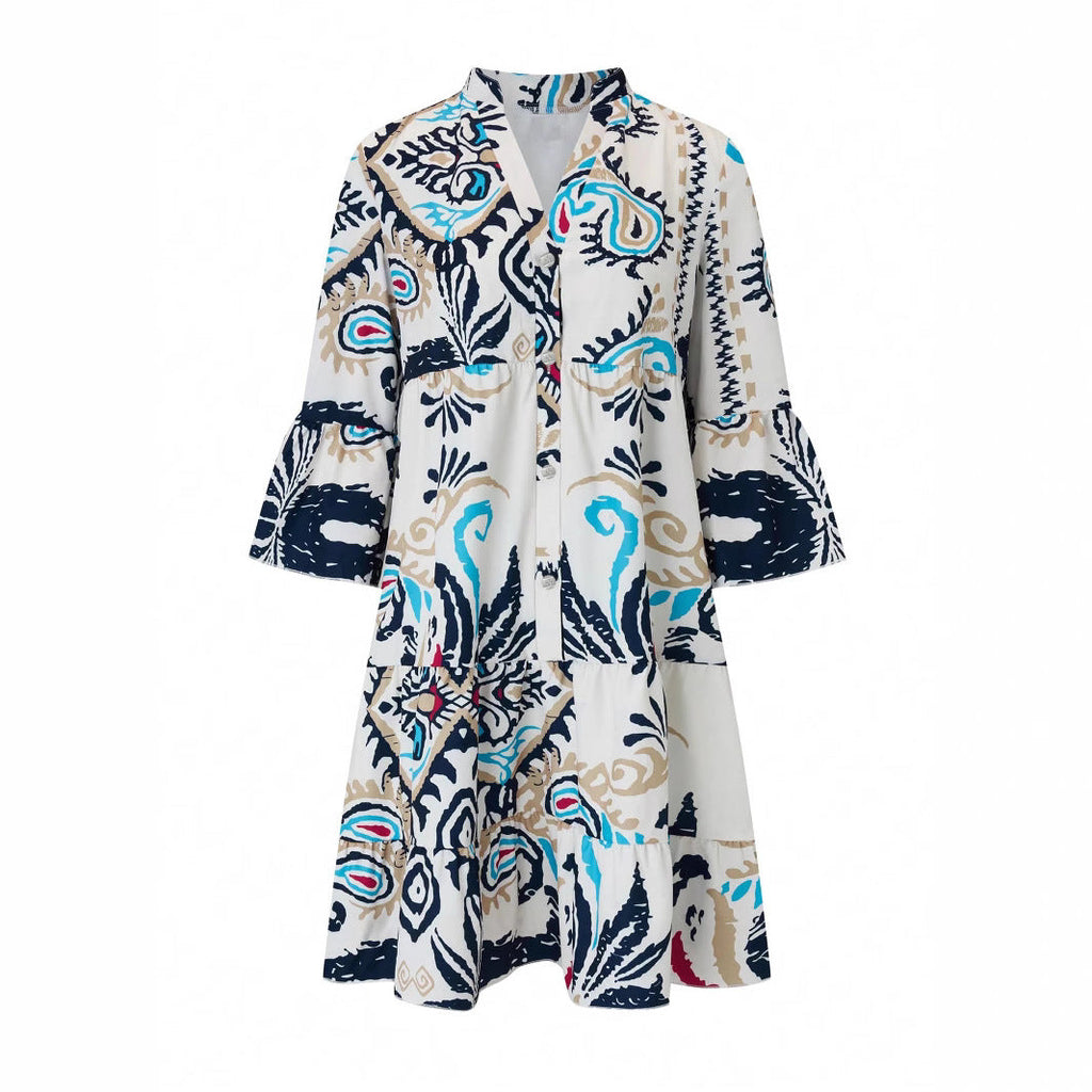 Women's Casual Dress with Fashionable Floral Design and Long Sleeves Drune