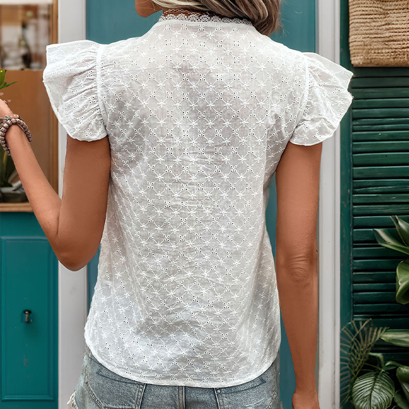 Damenbluse mit Rüschendetails und dekorativer Lochstickerei, Größe