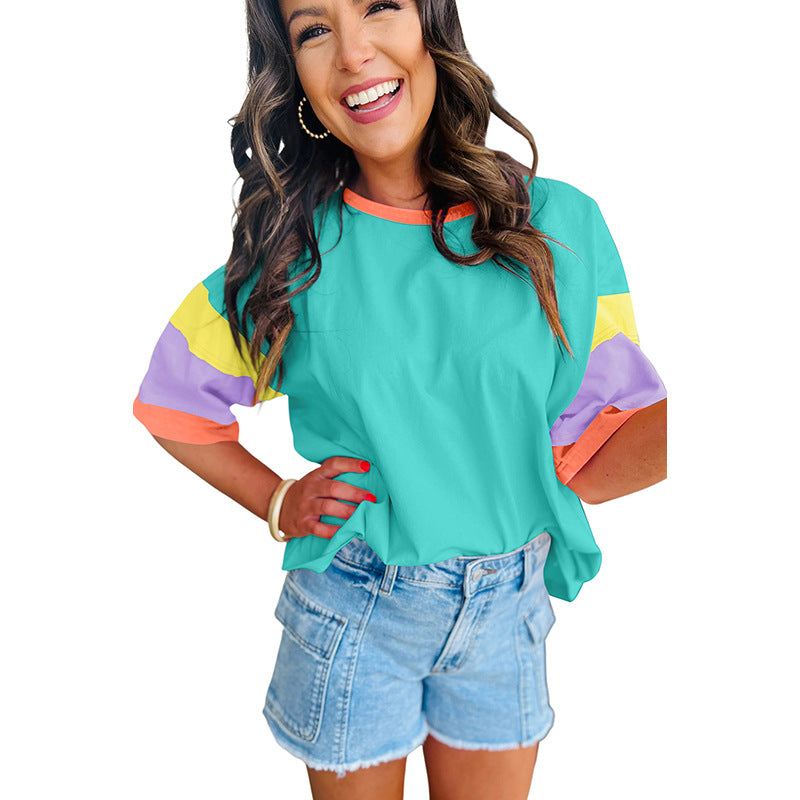 Women's casual T-shirt with colorful sleeves, size