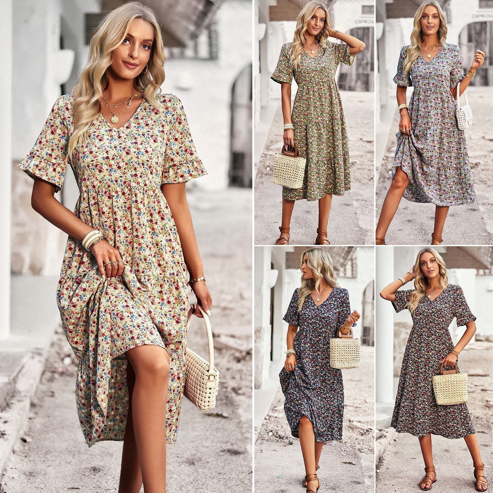 Women's midi dress with floral pattern and playful V-neck, size