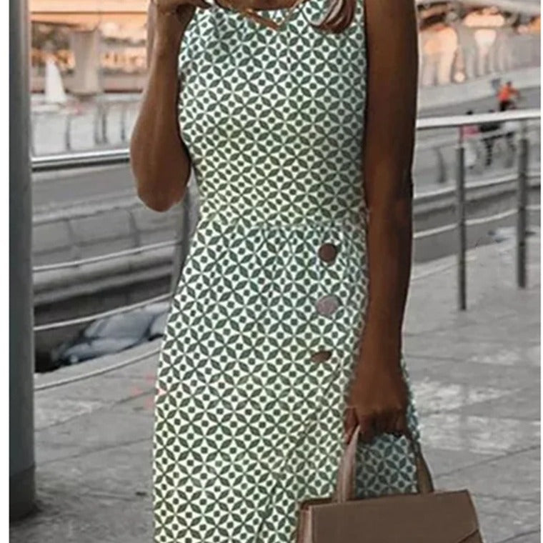 Valenzora | Sleeveless printed green button-up casual dress