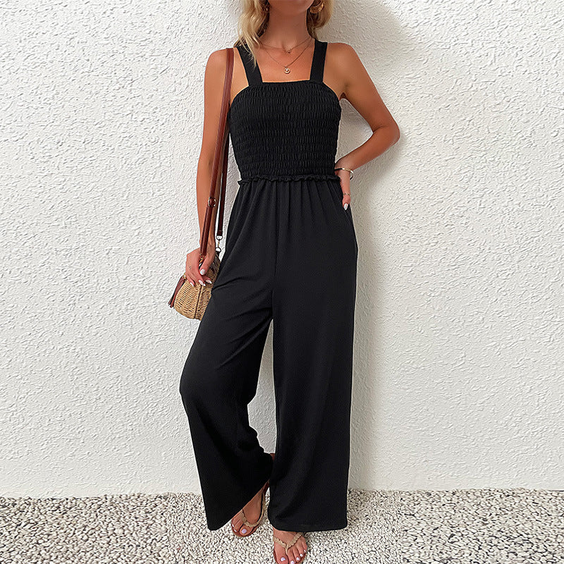 Women's suede jumpsuit with narrow elastic waistband and elegant straps, size [size missing]