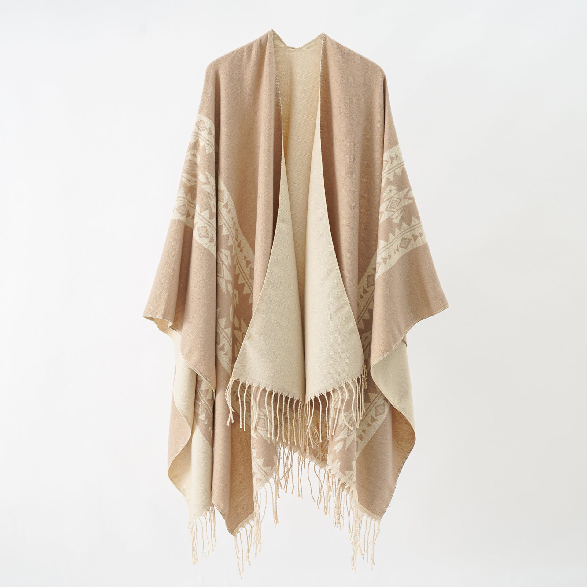 Women's elegant knitted poncho with artistic fringe and floral accents Valenzora