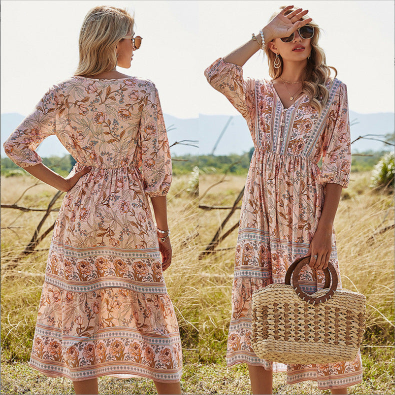 Valenzora | Damen-Midikleid mit V-Ausschnitt und Blumenmuster
