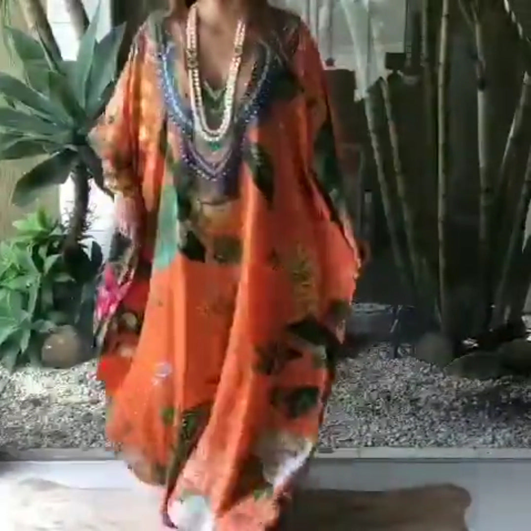 Women's beach kaftan with artistic floral pattern and decorative pearl embellishment, size Valenzora