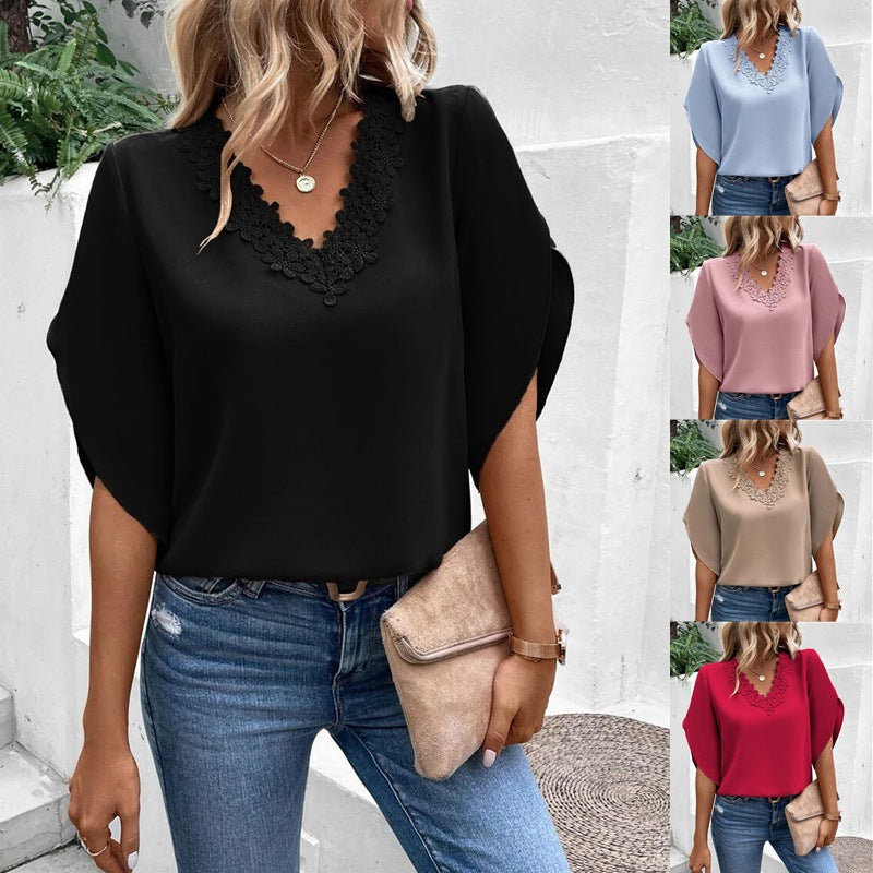 Damenbluse mit floralen Spitzenapplikationen und eleganten Cut-Out-Ärmeln, Größe S