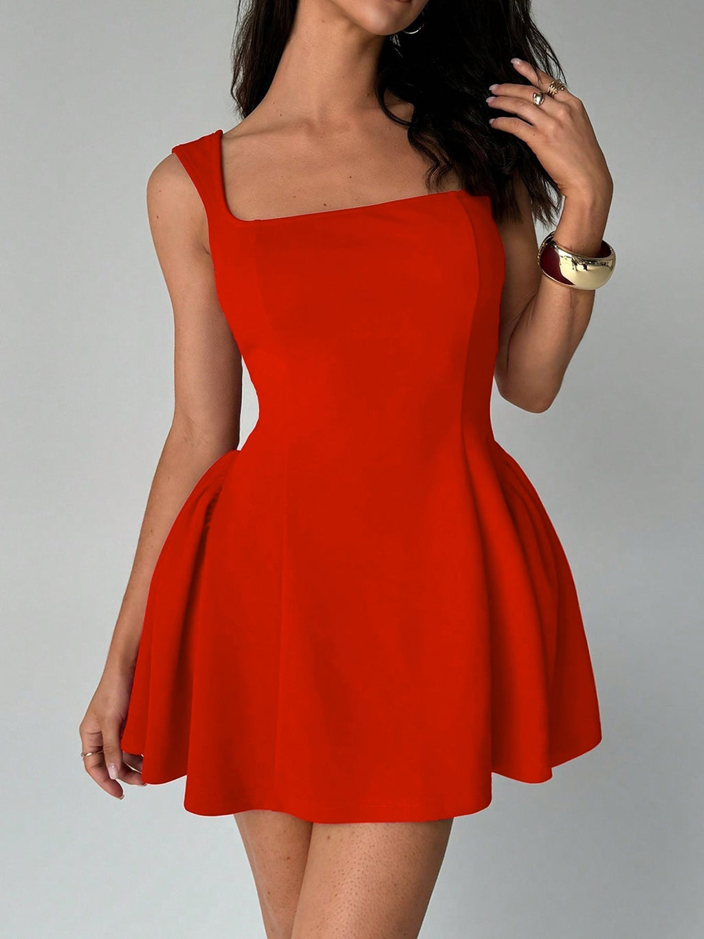 Women's A-line dress with square neckline and swing skirt, size
