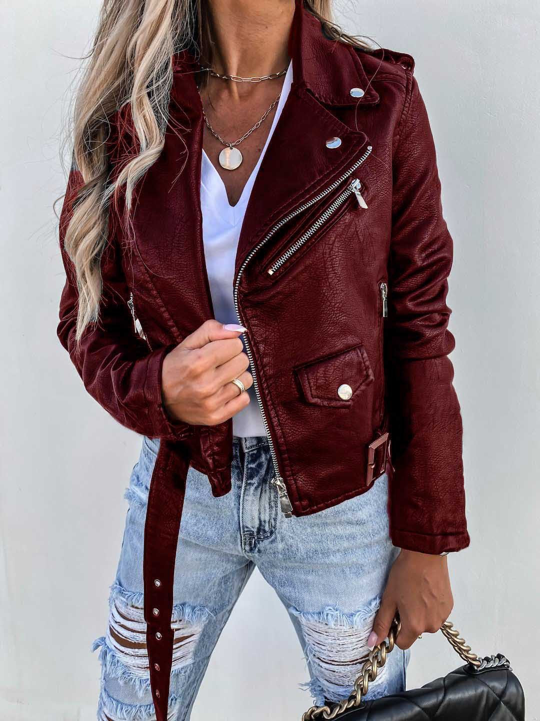 Valenzora-PU leather coat, short zip jacket
