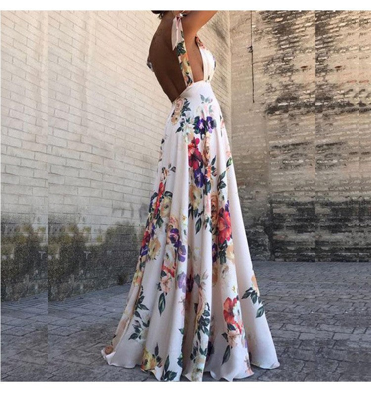 Valenzora | Printed long-sleeved spaghetti strap dress with a wide hem