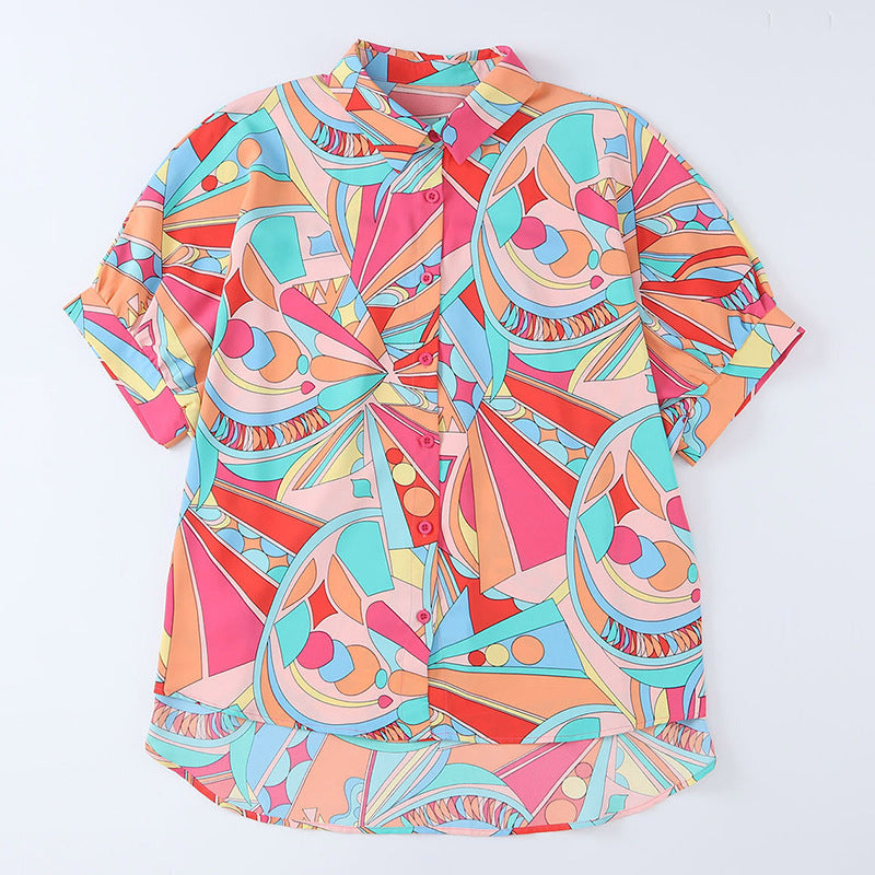 Damen-Bluse, bunt, mit geometrischem Muster und modischer Knopfleiste, Größe