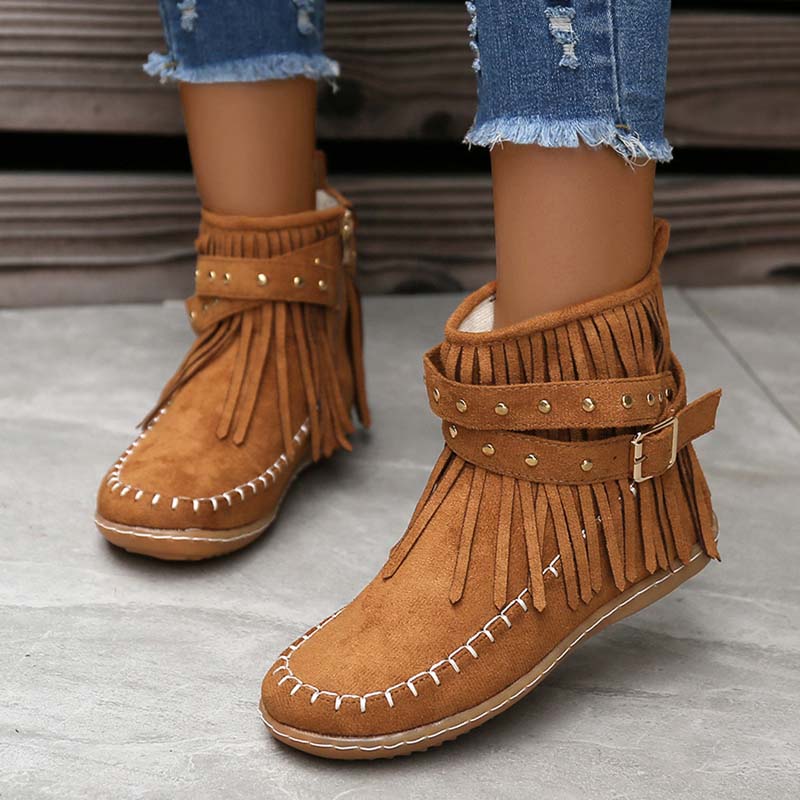 Valenzora | Boho ankle boots with fringes and buckles for women