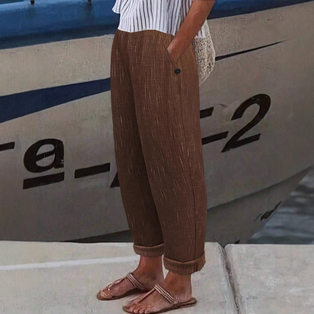 Bequeme und luftige Leinenhose für Damen mit seitlichen Taschen, Größe