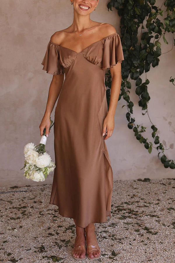 Women's off-the-shoulder midi dress with voluminous sleeves and elegant accents, size Valenzora