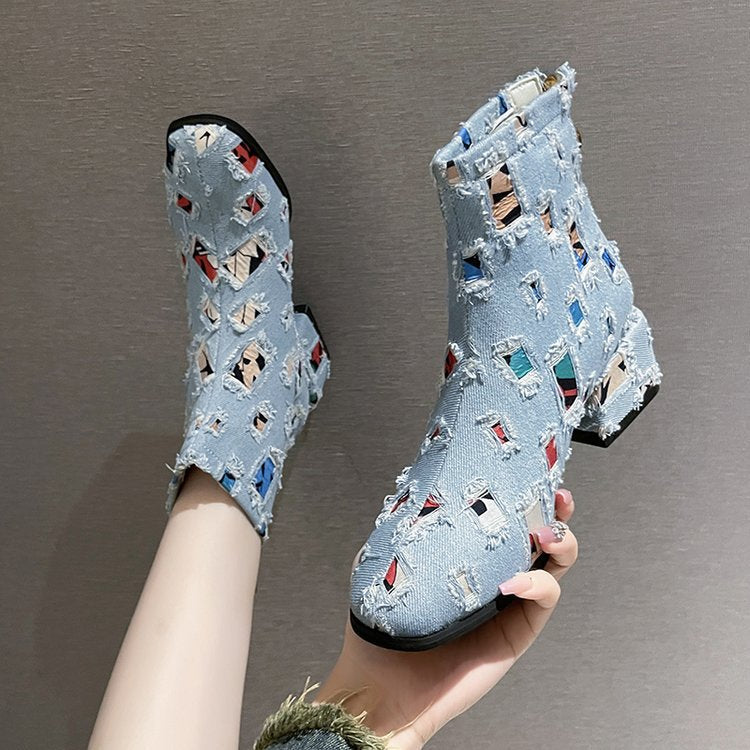 Modische Damen-Ankle-Boots mit kreativem geometrischem Print und elegantem Reißverschluss, Größe S