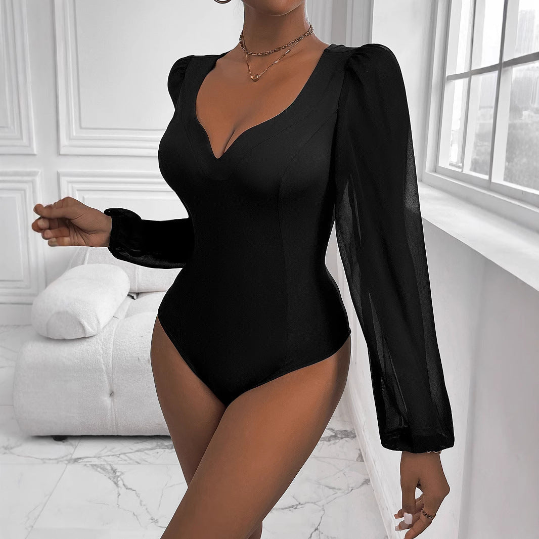 Women's bodysuit with deep V-neck and transparent puff sleeves, size
