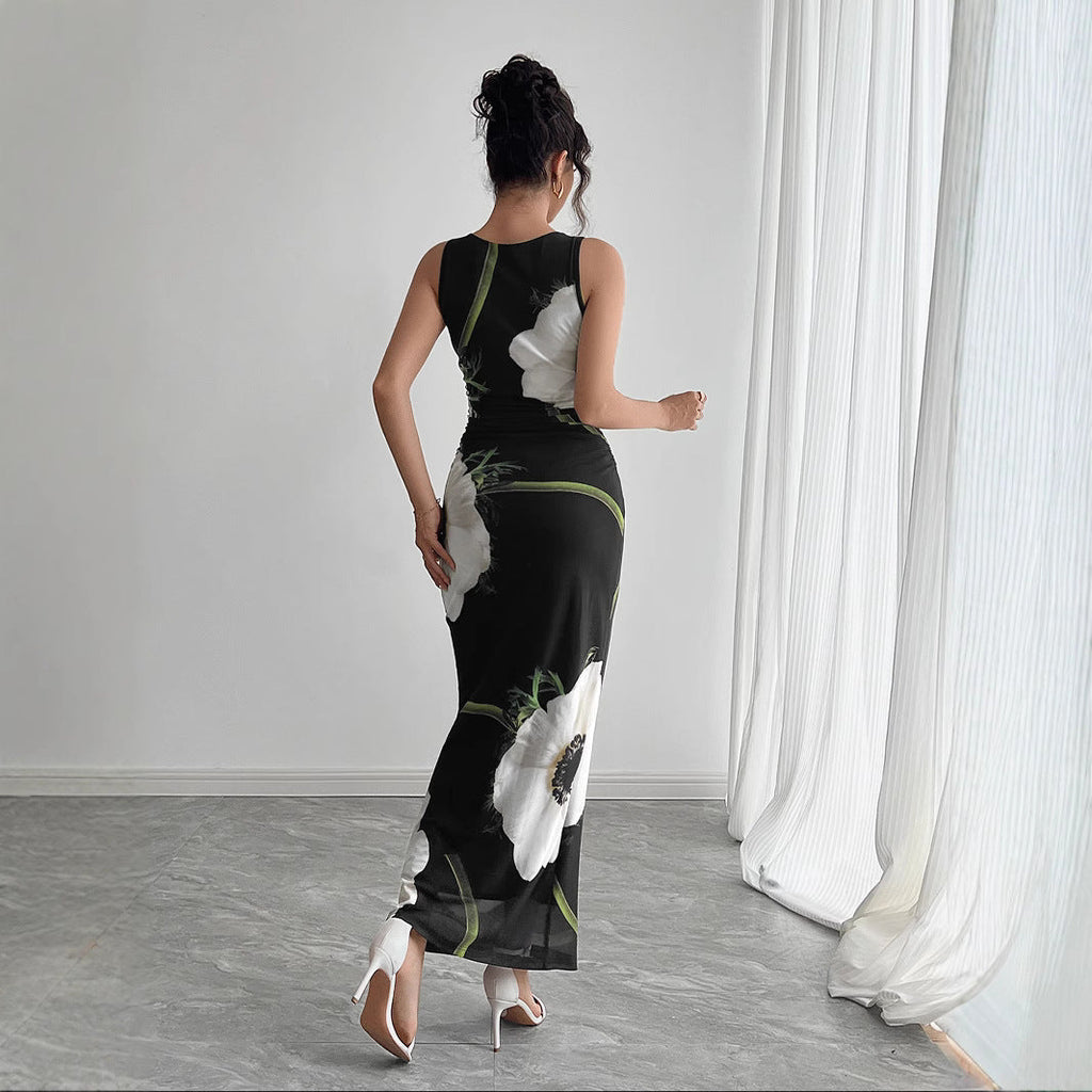 Valenzora | Black mesh-printed sleeveless long skirt dress
