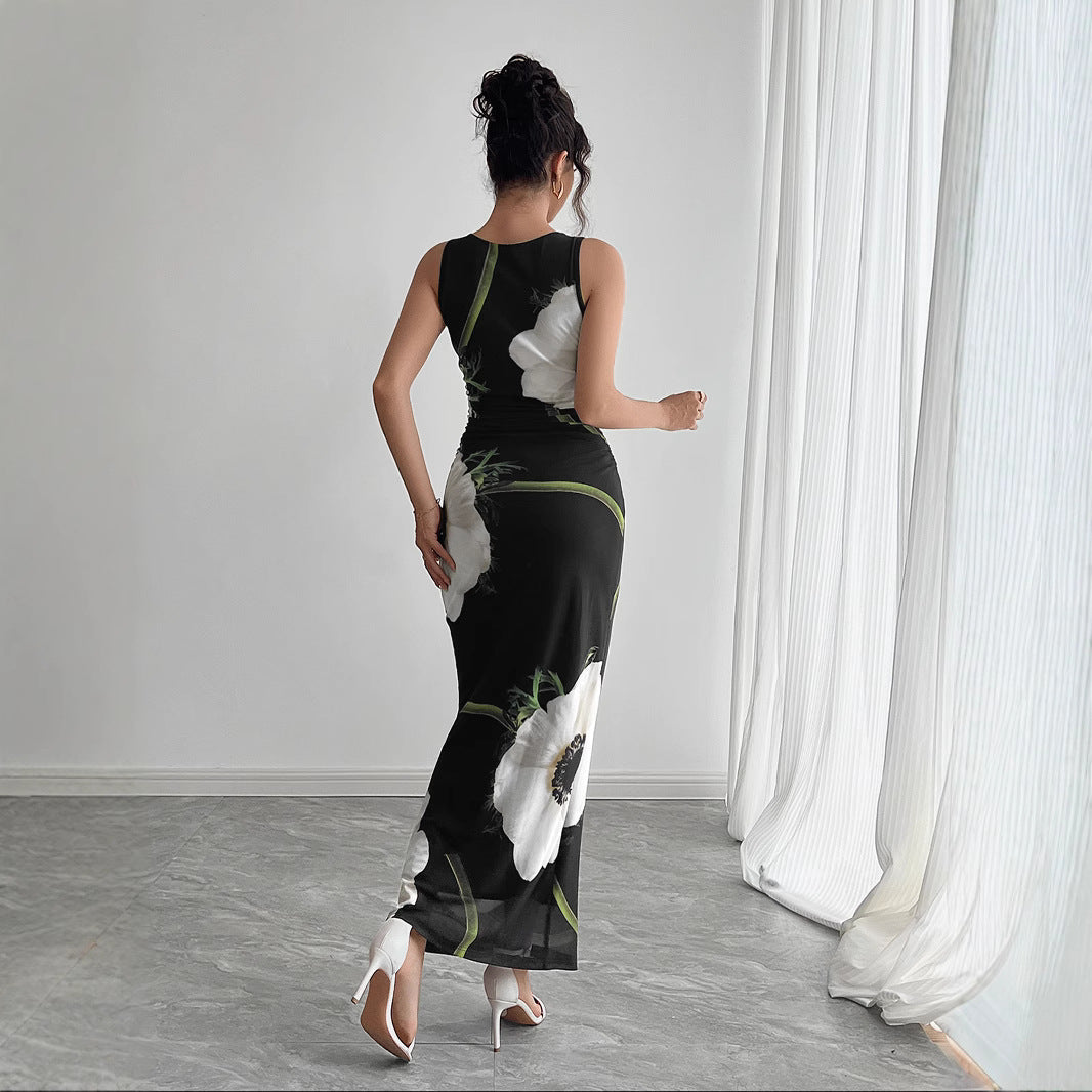 Valenzora | Black mesh-printed sleeveless long skirt dress