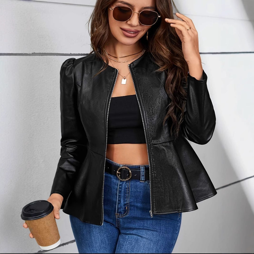 Damen-Kunstlederjacke mit elliptischem Schnitt und Puffärmeln, Größe [Größe fehlt]