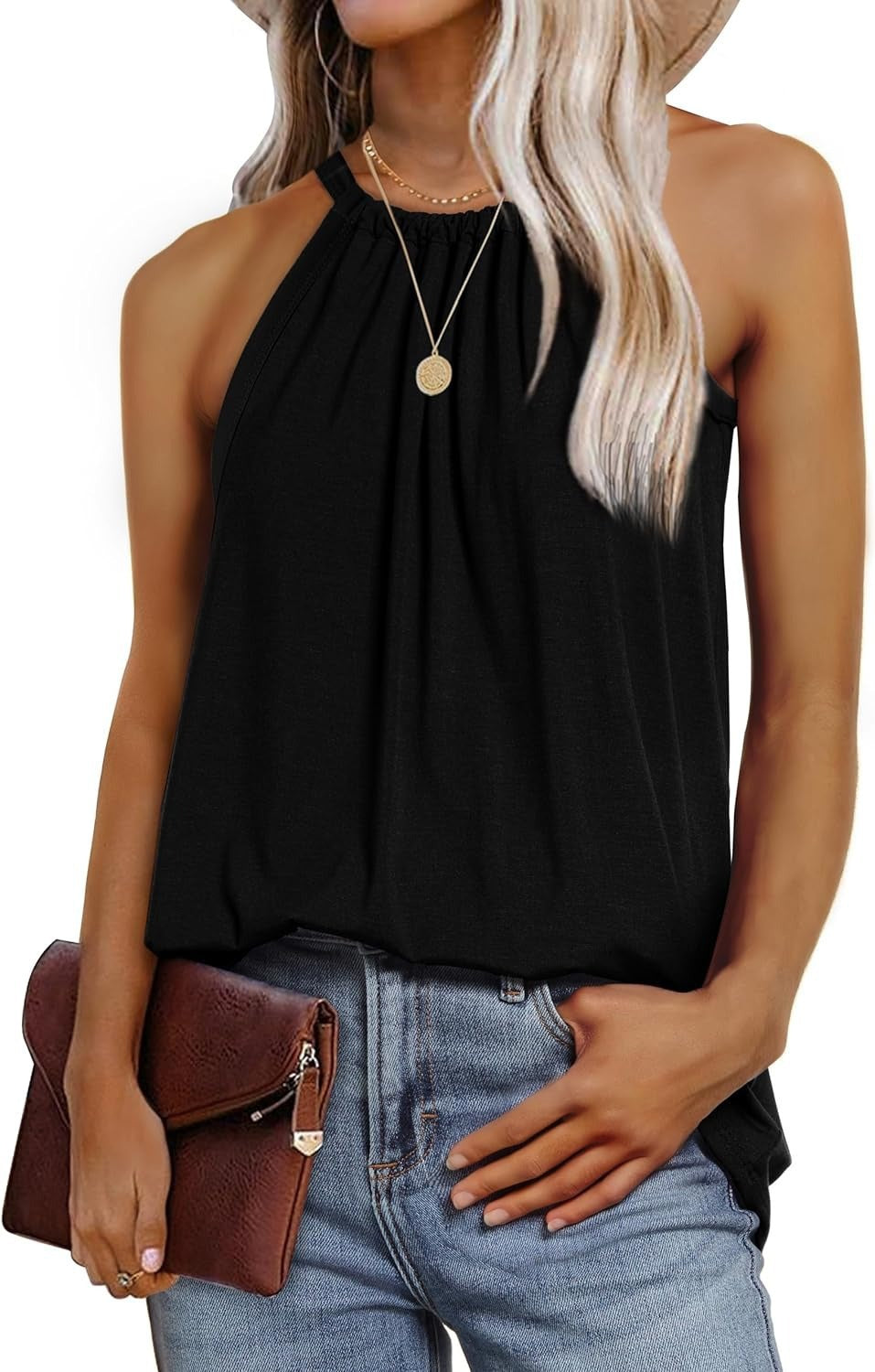 Women's casual halter top with adjustable straps and flowing cut, size S