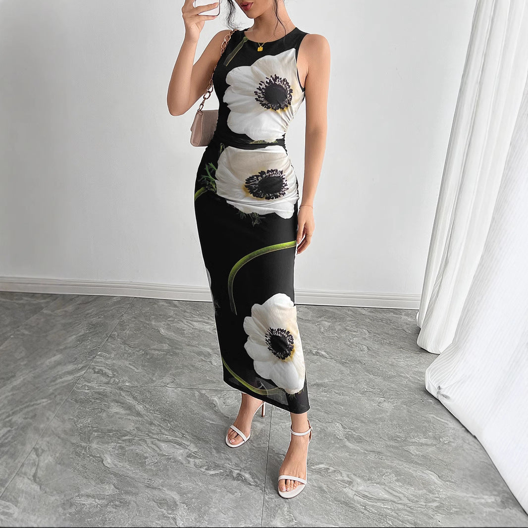 Valenzora | Black mesh-printed sleeveless long skirt dress