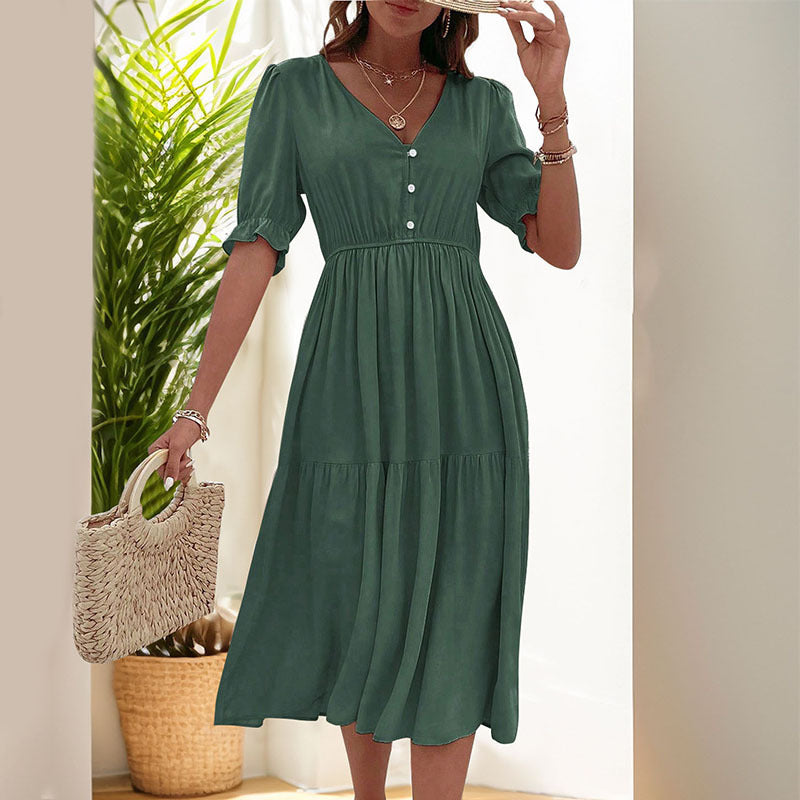 Damen-Midikleid mit geknöpftem V-Ausschnitt und luftigen Puffärmeln, Größe