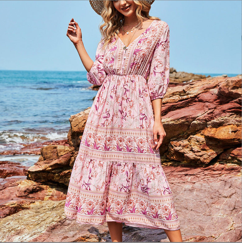 Valenzora | Damen-Midikleid mit V-Ausschnitt und Blumenmuster