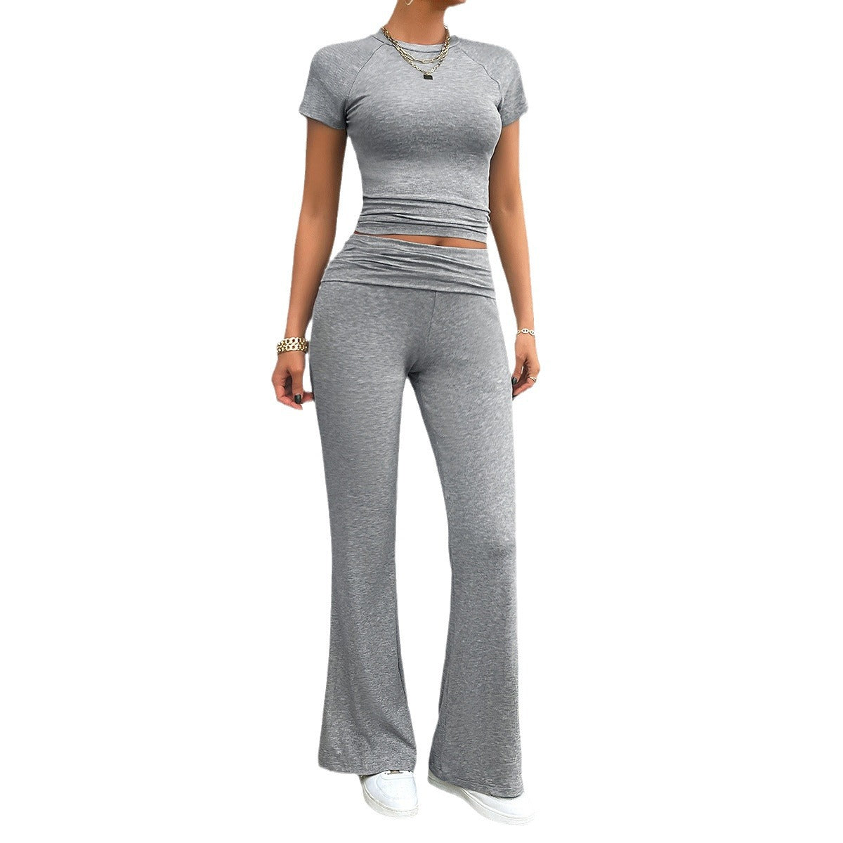 Women's casual loungewear set with cropped top and wide-leg trousers, size