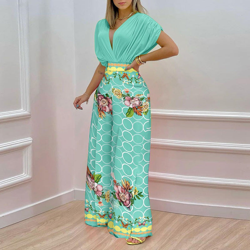 Women's jumpsuit with deep V-neck and wide leg, size