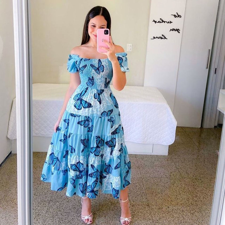 Damen-Midikleid mit schulterfreiem Design und verspieltem Schmetterlingsmuster, Größe S