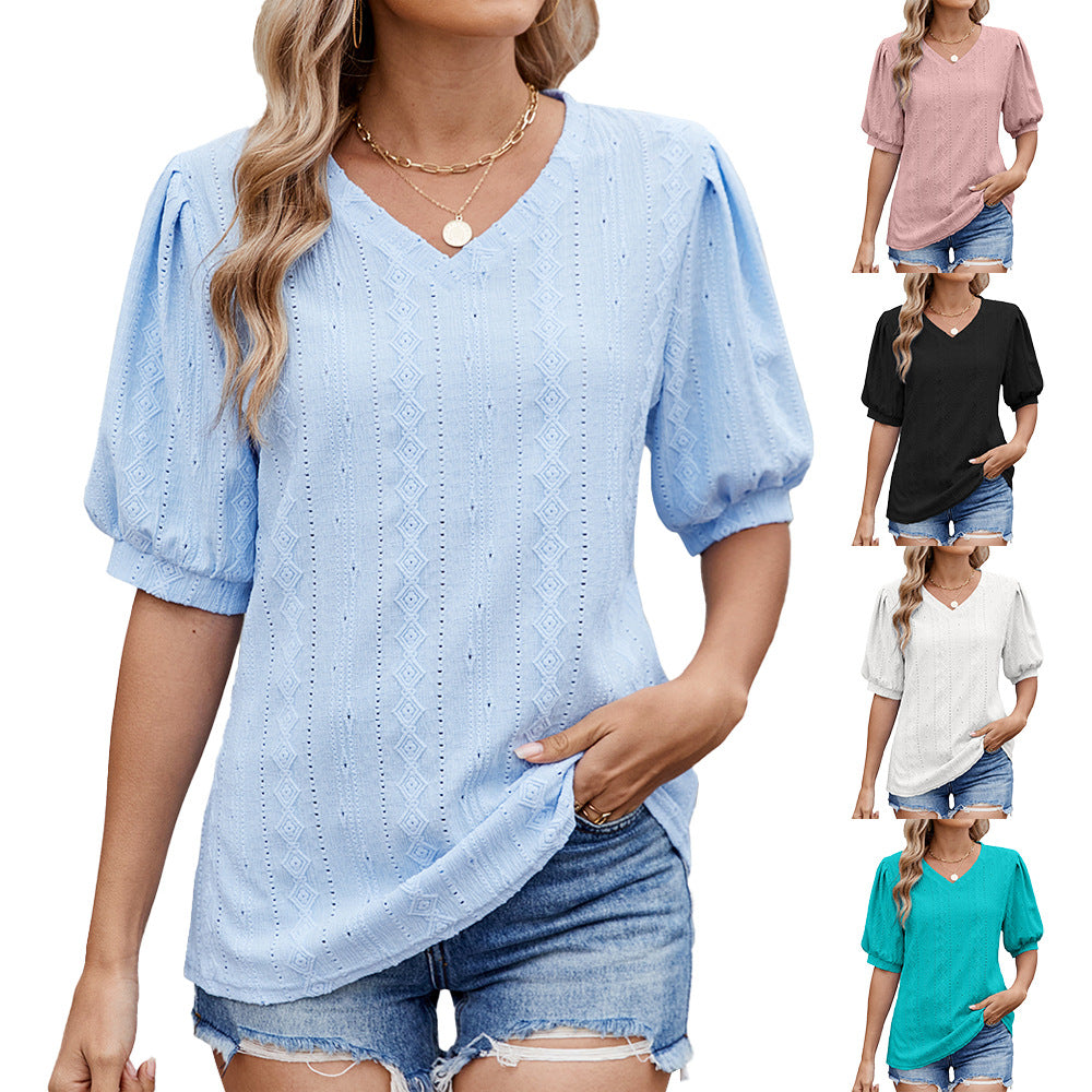 Women's blouse with elegant puff sleeves and delicate openwork pattern, size