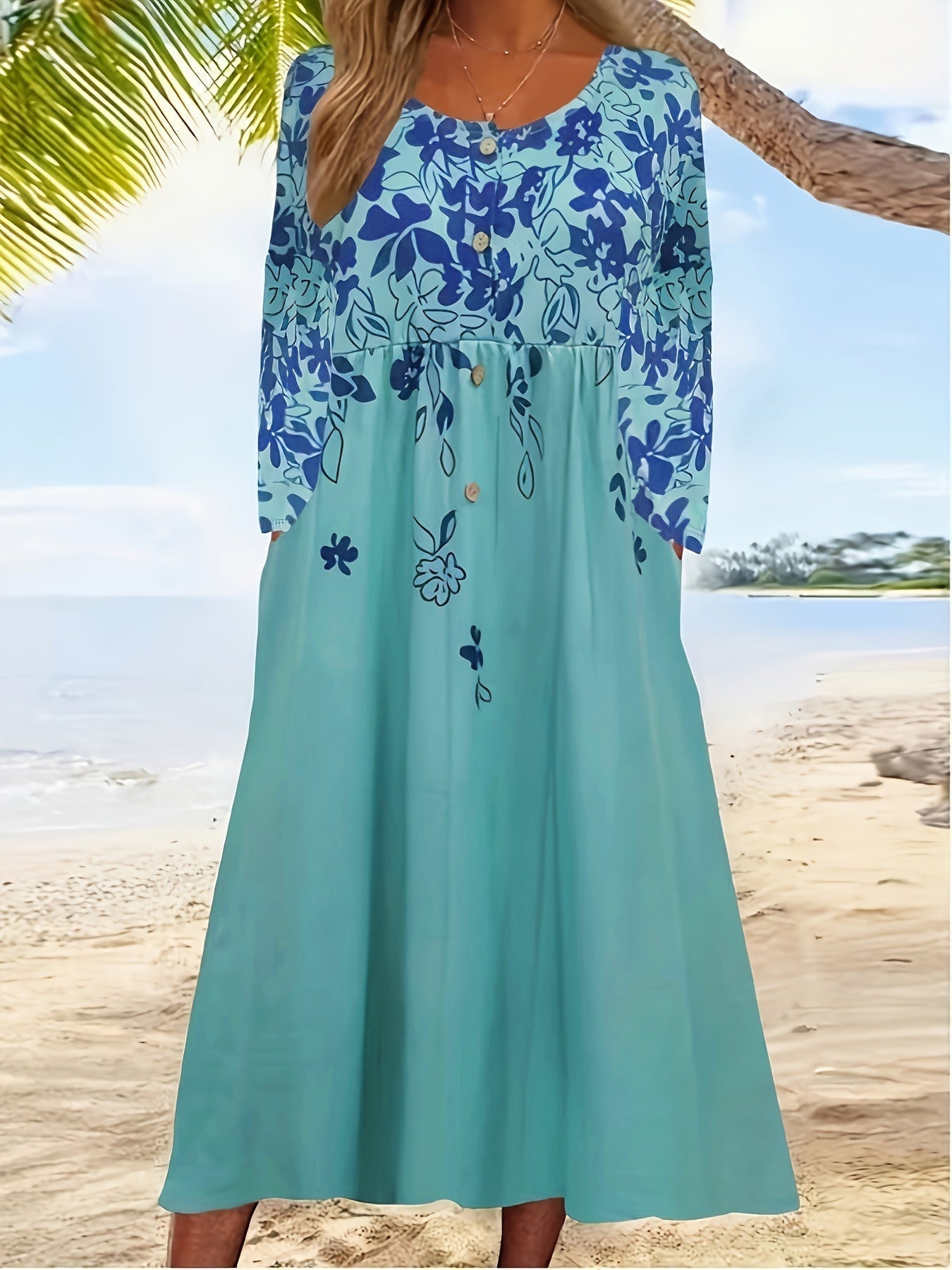 Damen fließendes Midikleid mit Blumenmuster und praktischen Taschen, Größe [size]