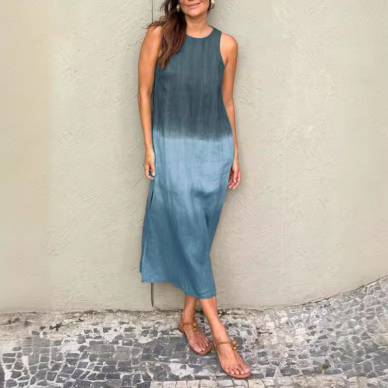 Valenzora | Cotton Linen Sleeveless Slit Gradient Dress