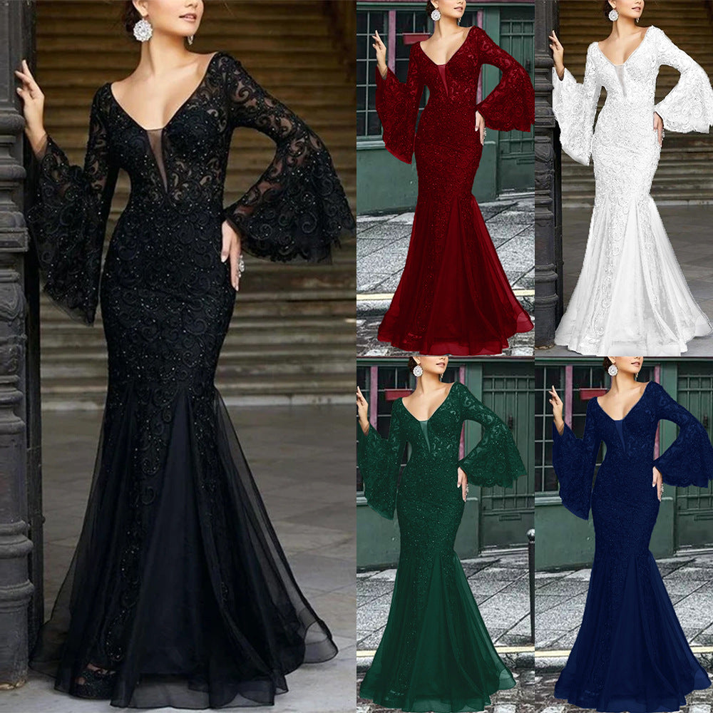 Women's figure-hugging evening dress with shimmering embellishments and elegant V-neck, size S