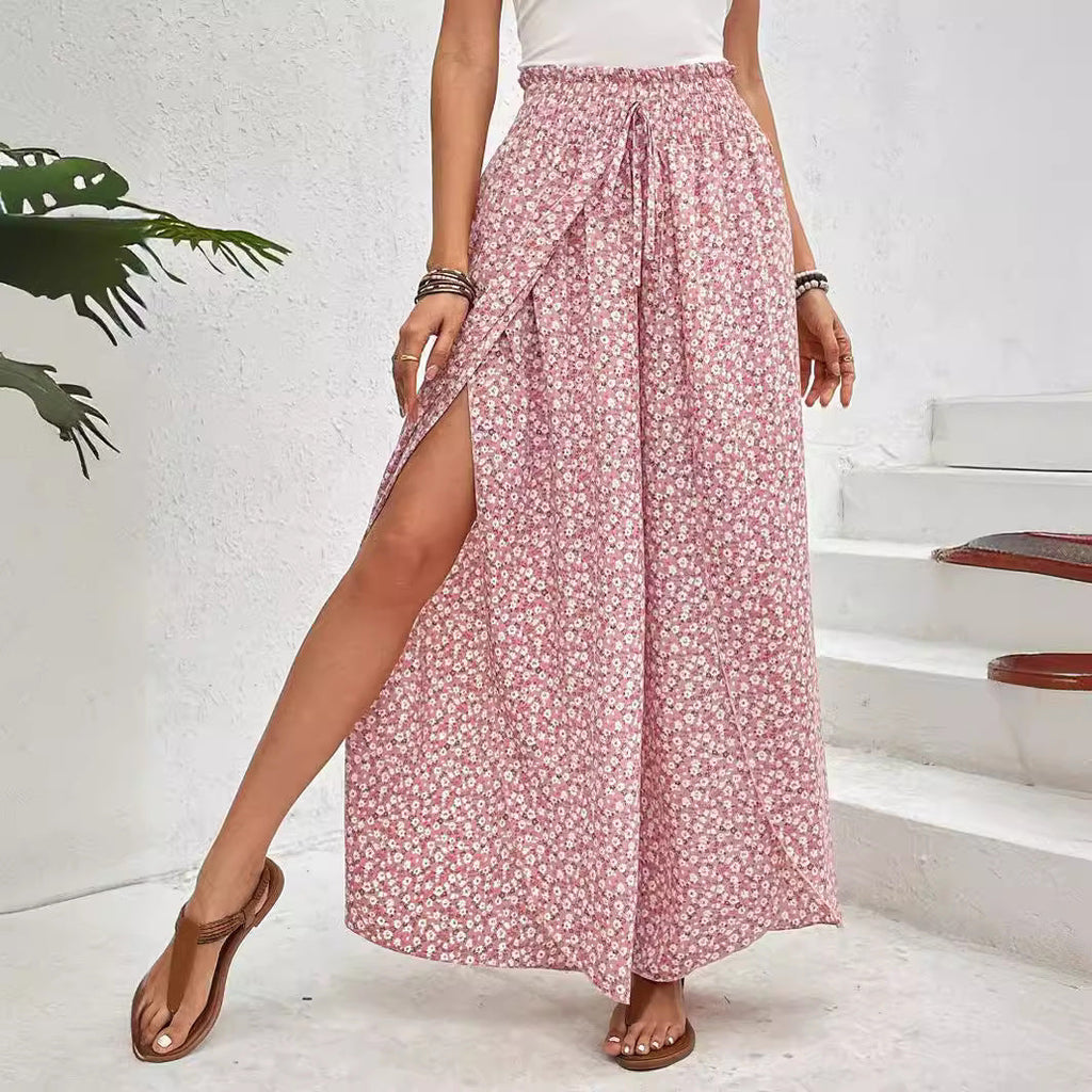 Damen-Sommerhose mit weitem Bein, elastischem Bund und Blumenmuster, Größe S