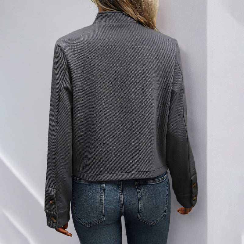 Women's short jacket with textured fabric and fashionable buttons, size [size missing]