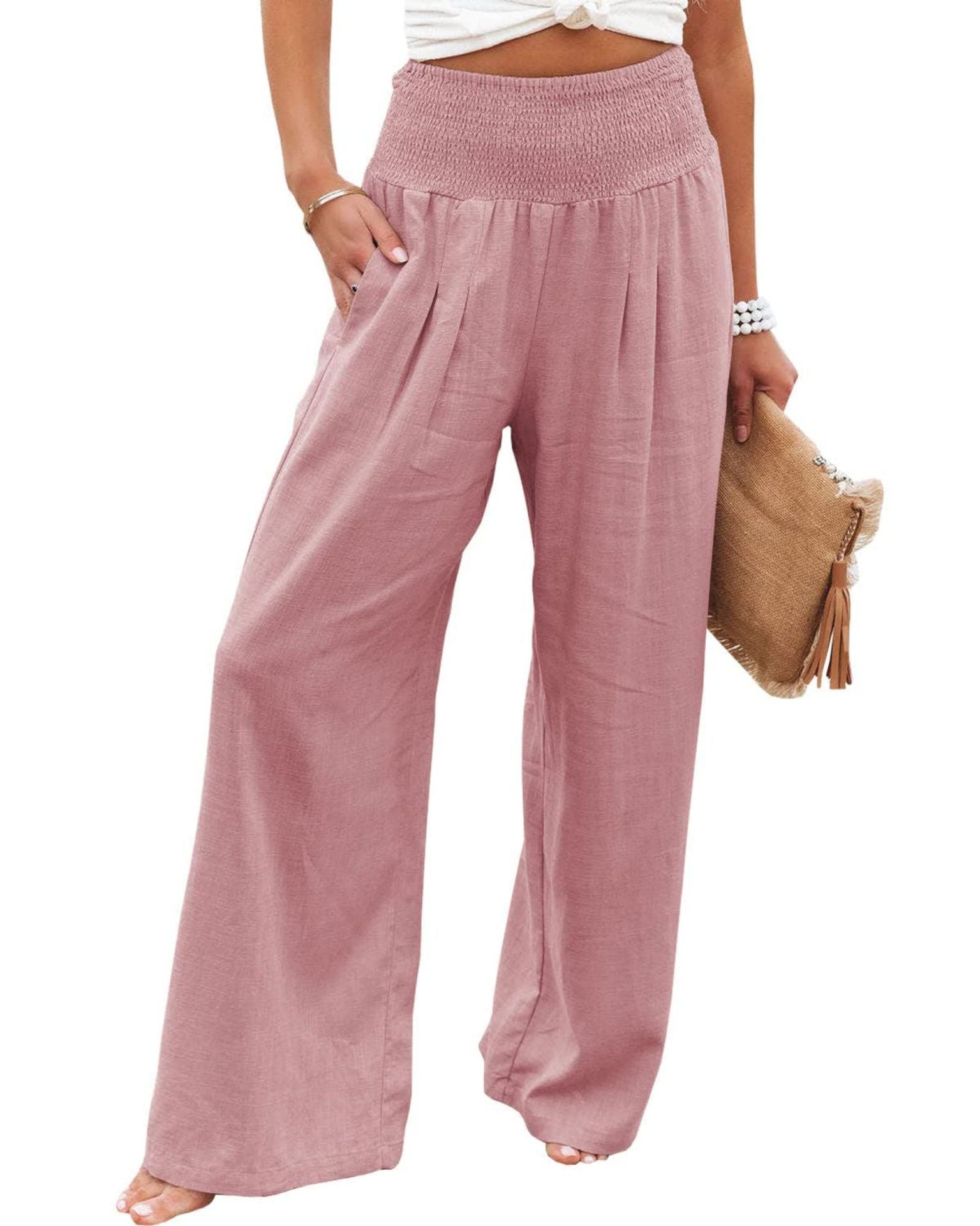 Damen-Leinenhose mit weitem Bein, elastischem Bund und Bundfalten, Größe
