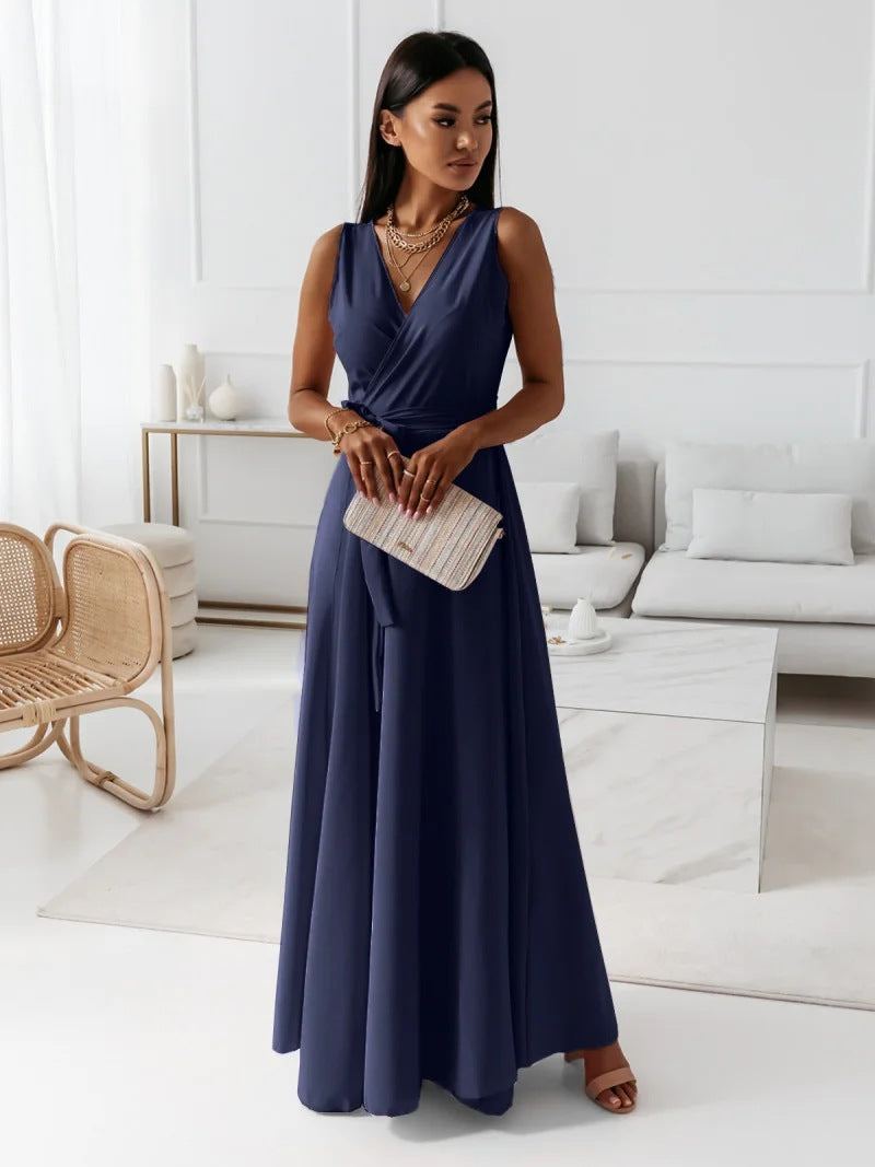 Valenzora - Women's solid color V-neck long dress