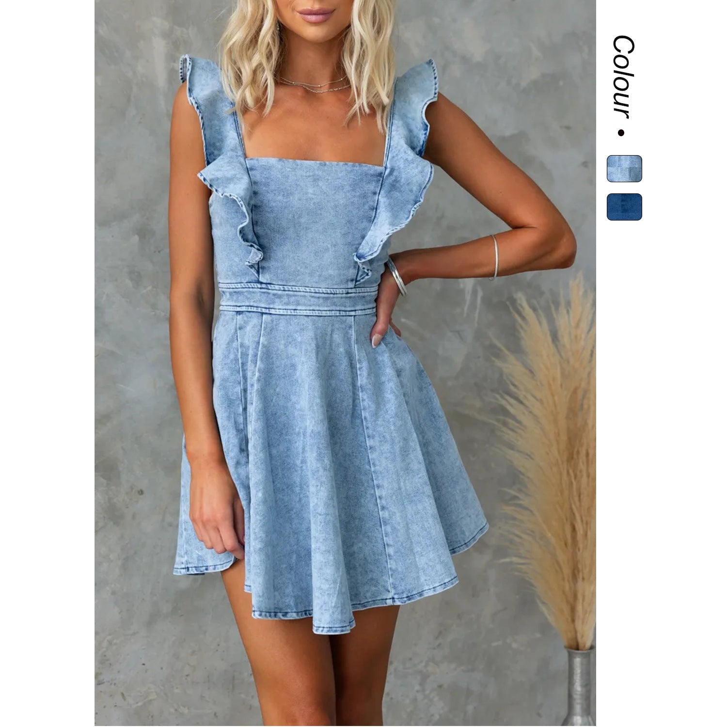 Damen Denim-Kleid mit Rüschendetails und femininer Silhouette Drune